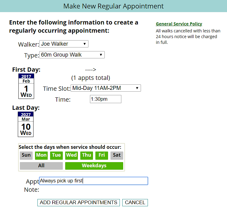 BetterWalker Recurrig Appointments